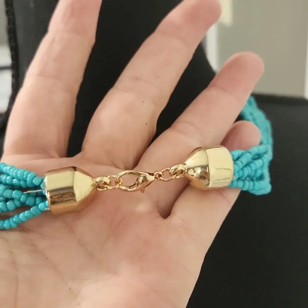 Necklace‎ Blue & Gold Beaded Lobster Claw Clasp